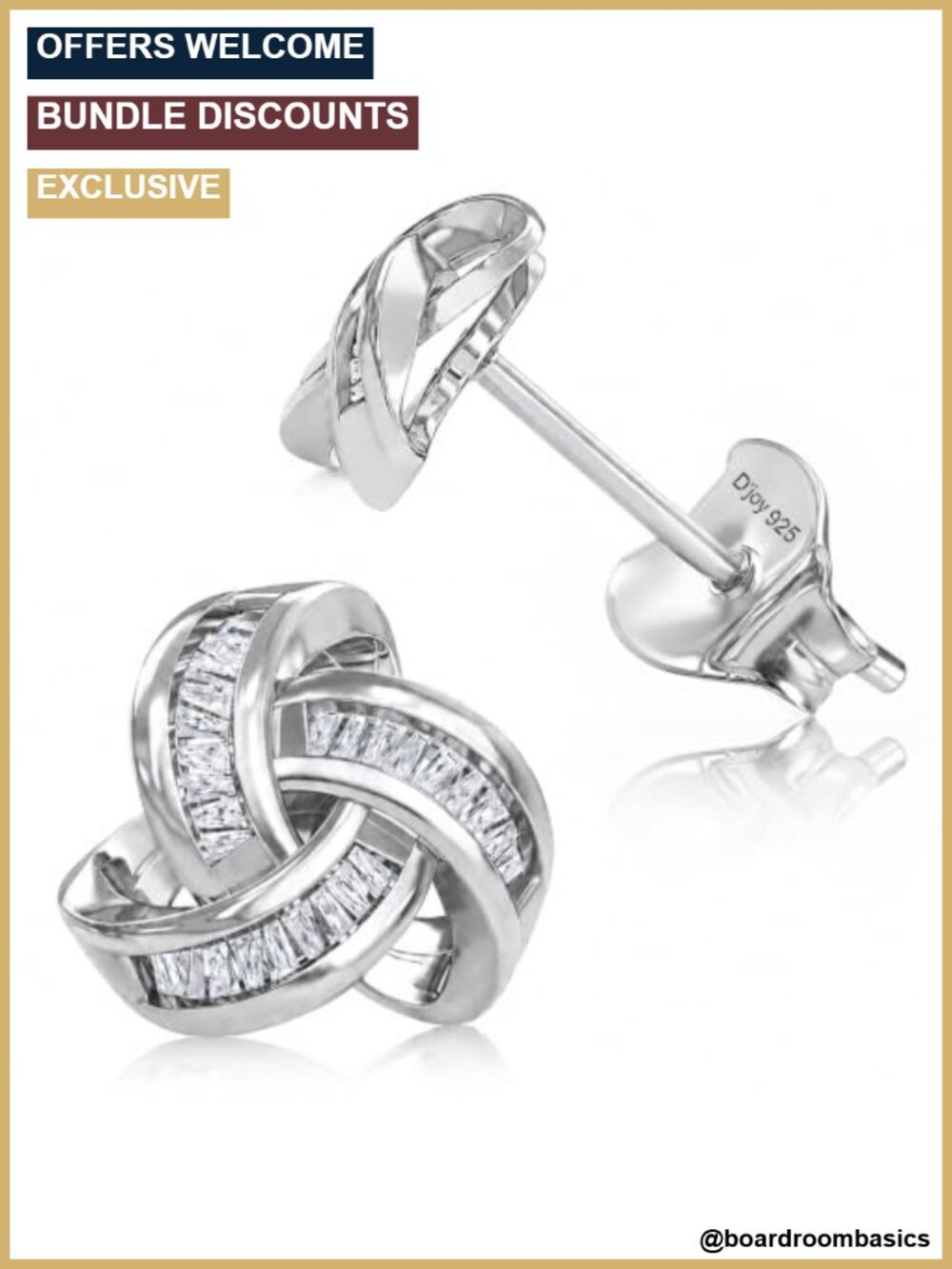 925 Sterling Silver Diamond Love Knot Stud Earrings Platinum Plated